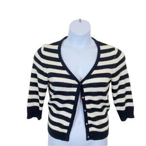 NY Collection Cardigan Sweater 90s Black White Striped V Neck Snap Front Size M